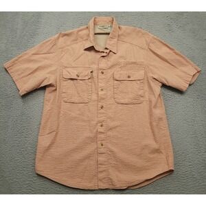 TravelSmith Mens L Short Sleeve Button Down‎ Shirt Fishing Camp Peach Stripe